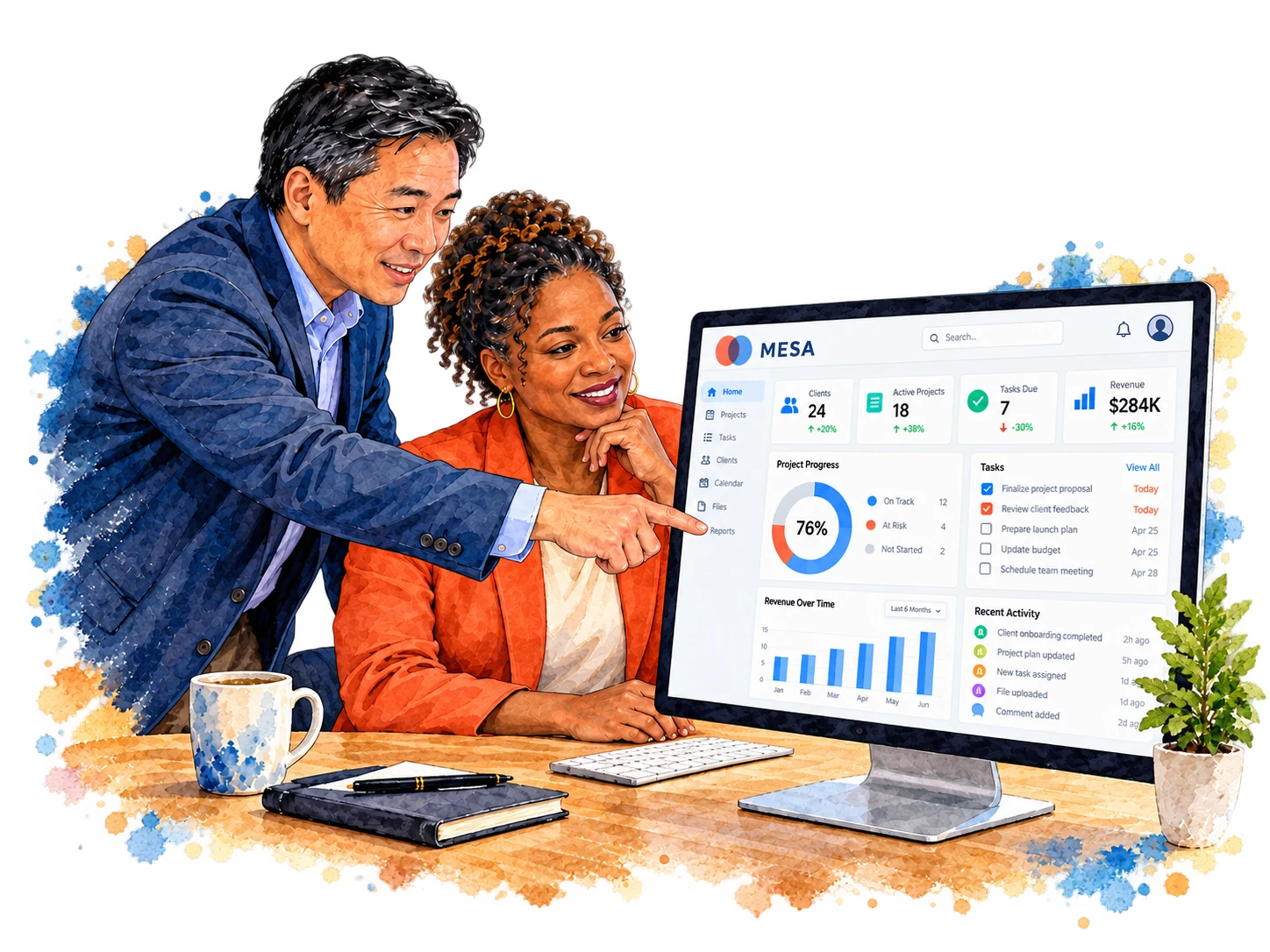 Colleagues reviewing a Mesa-branded client portal dashboard on a digital device
